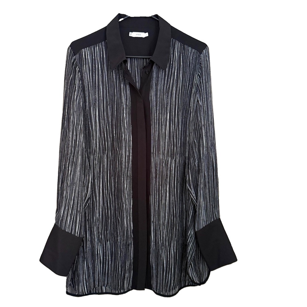 Vince Black White Striped Silk Button Down LS Blouse XL Quiet Luxury Old Money
